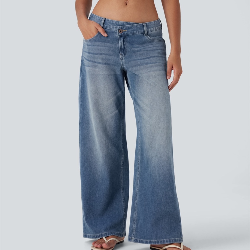 Halara flex asymmetric low rise zipper pocket baggy wide leg jeans